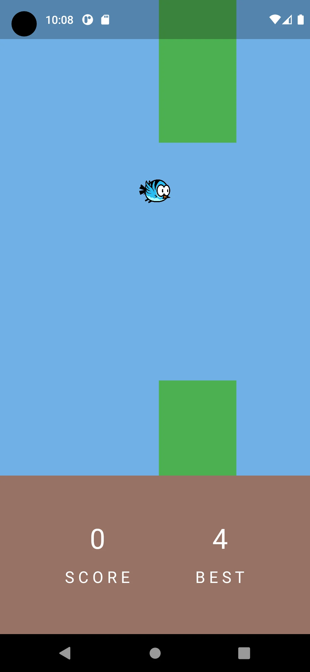 Bird flying through a gap between green columns