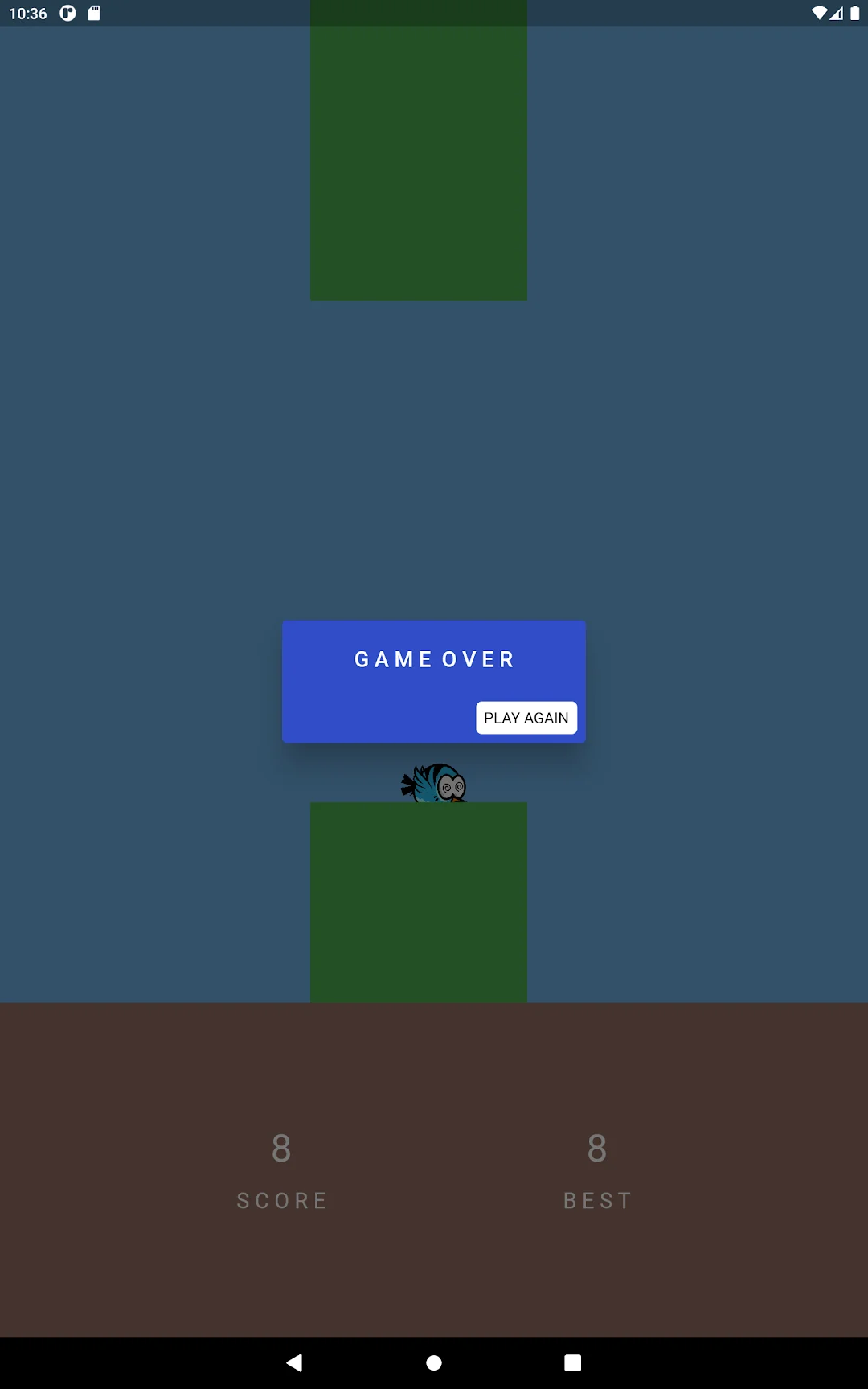 Flup Fun game-over screen on a wider device