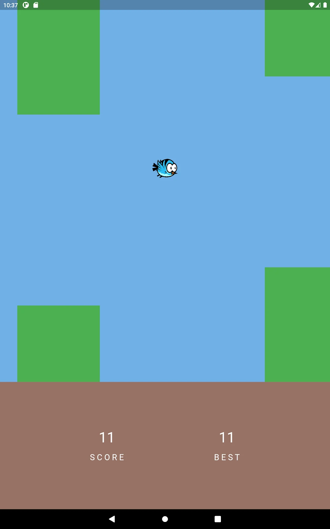 Bird navigating green columns with score 11