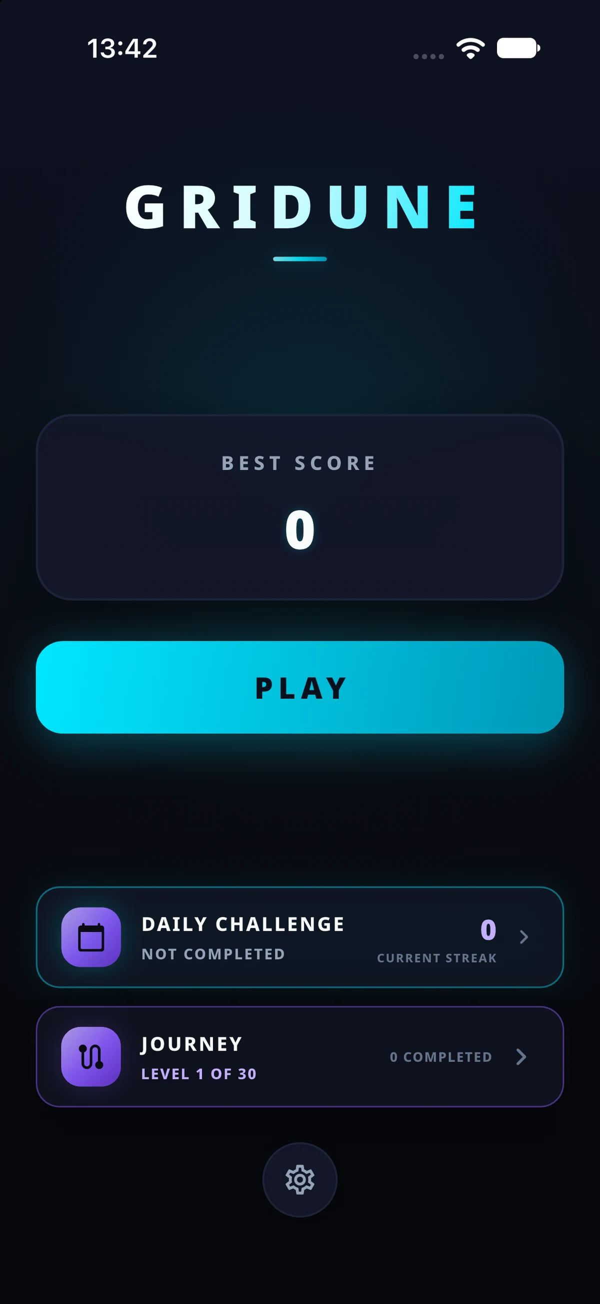 Gridune home screen with Play, Daily Challenge and Journey entries.
