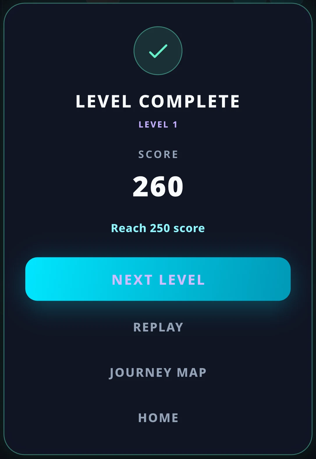 Real Gridune Journey level-complete dialog after reaching a score of 260.