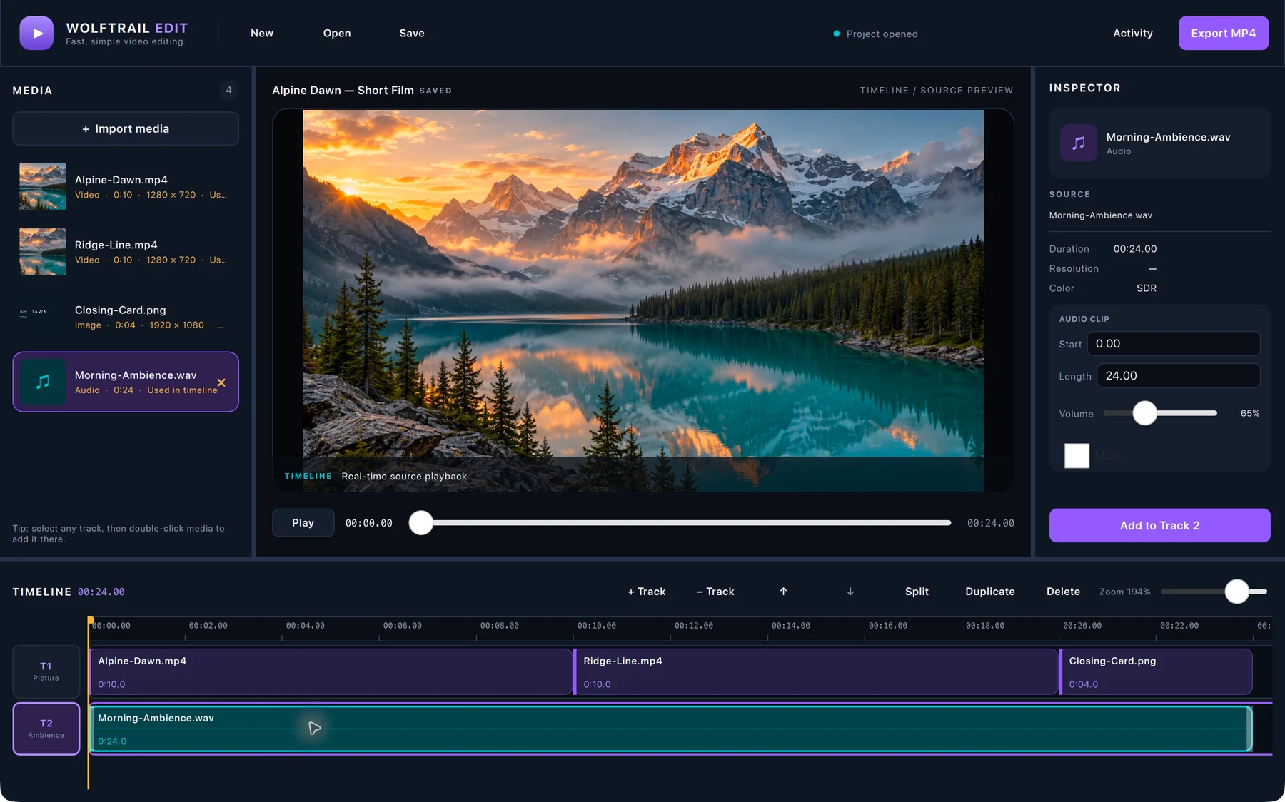 Wolftrail Edit with the audio track selected and start, length, volume and mute controls visible.