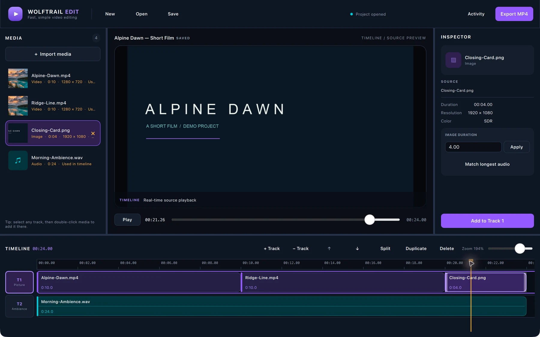 Wolftrail Edit previewing a demo closing card with image duration controls and a multitrack timeline.